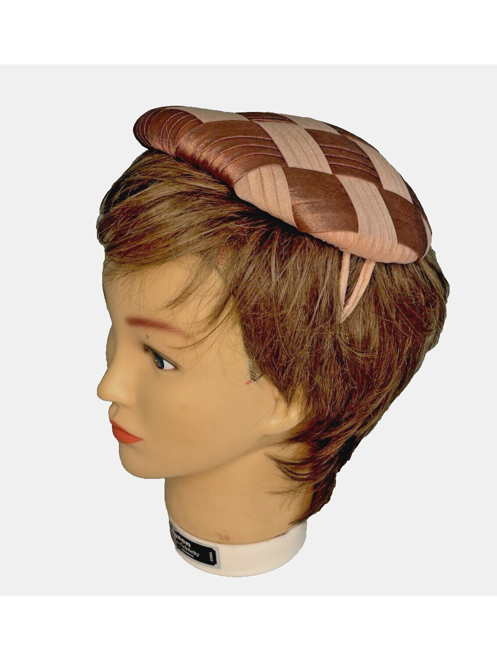 Vintage 1950's Women's Pink Brown Woven Basketweave Fascinator Hat 7" EUC